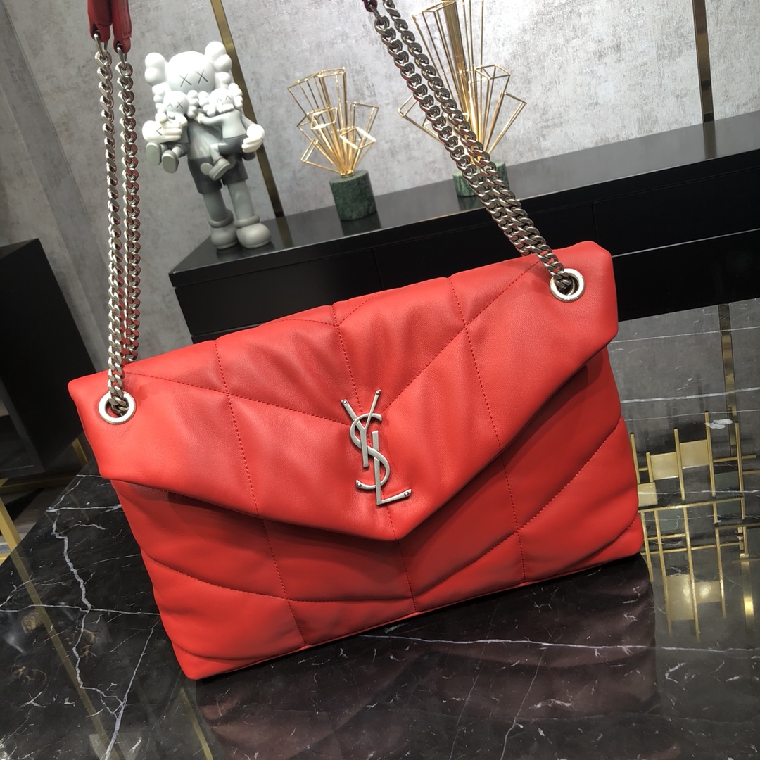 Saint Laurent Loulou Puffer Lambskin Shoulder Bag Handbag Red 577475 Silver